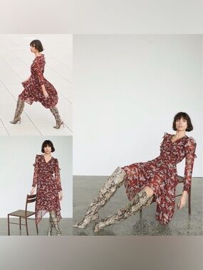 Sam Edelman Women Midi Dress Fanciful Flower Rust Size 10 Long Sleeve NWT $178